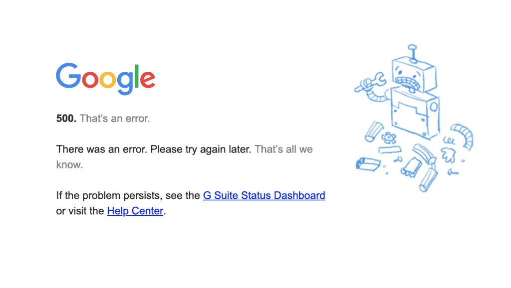 Google Calendar error message indicating service is down.