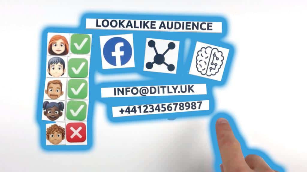 Illustration of Facebook audience analysis with icons and checkmarks.