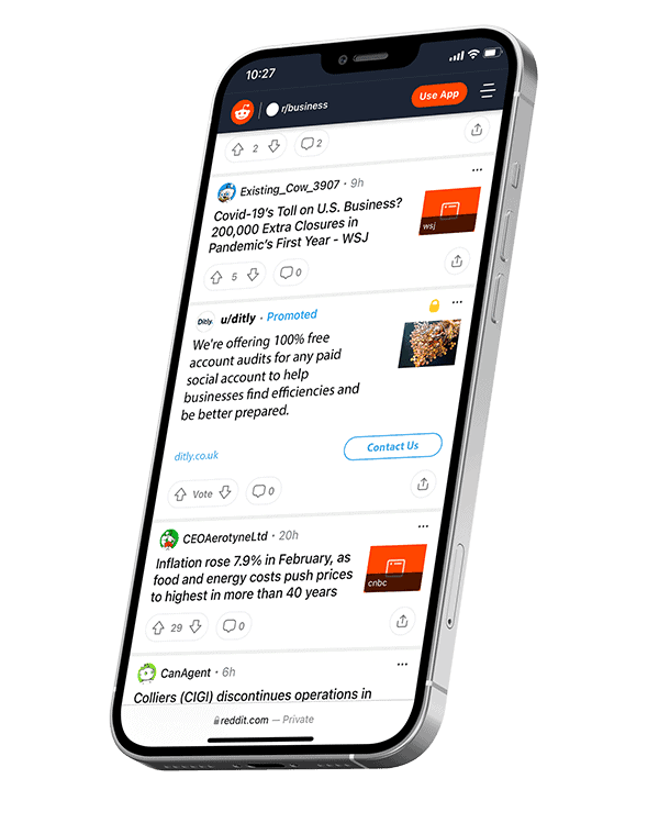 Business news app displaying Covid-19 impact and inflation rise headlines on smartphone.