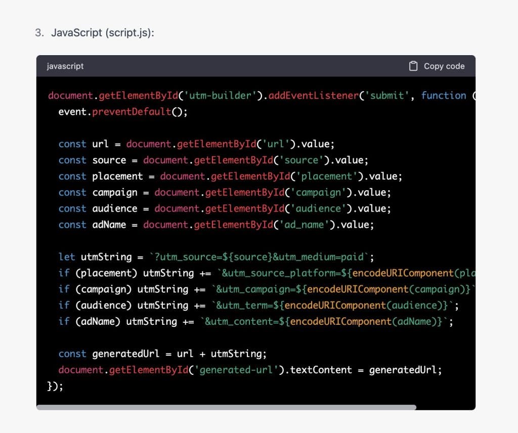 GA4 UTM builder interface with code snippets for campaign tracking.
