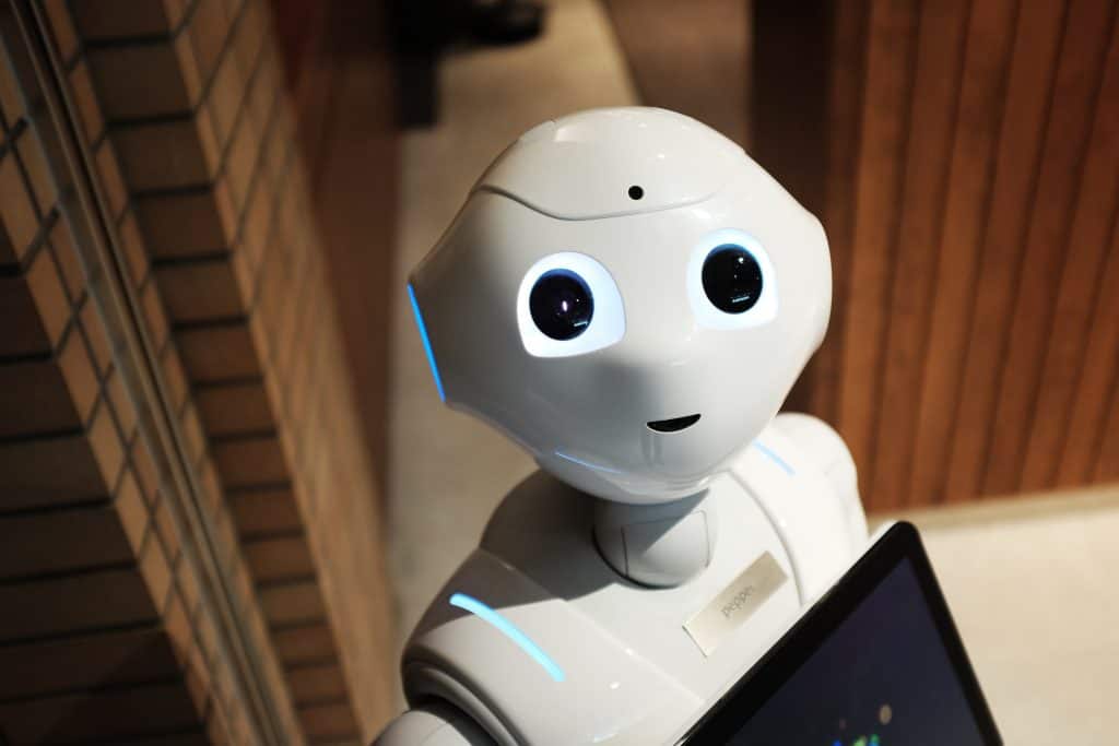 AI robot with expressive eyes and friendly appearance.