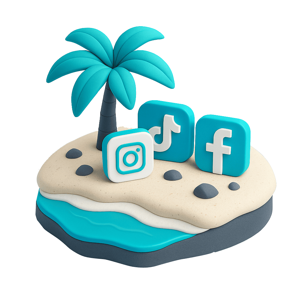 Bright tropical beach scene featuring a palm tree and social media logos on sandy terrain.