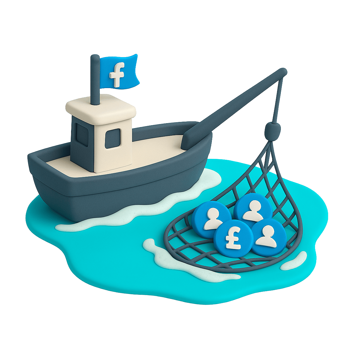 Boat with Facebook flag and social media icons on water, digital marketing concept.