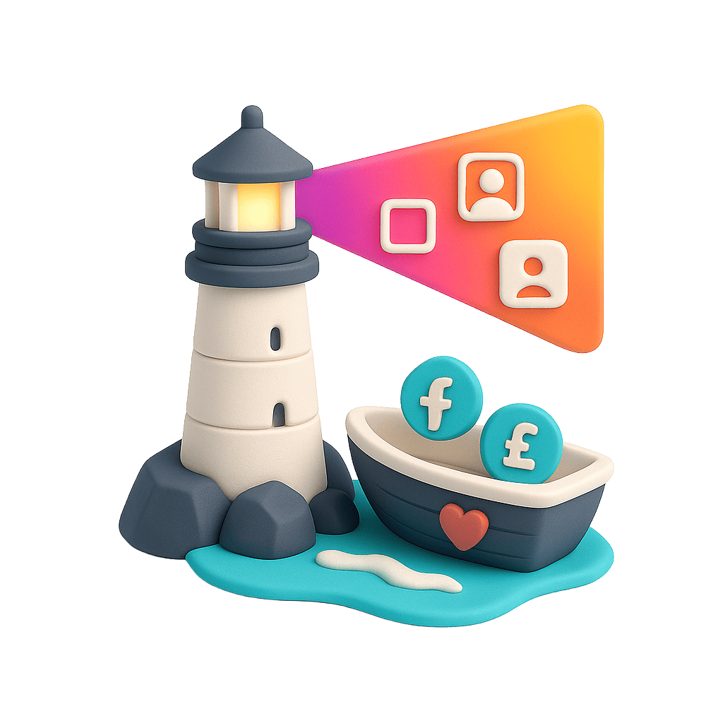 Lighthouse with social media icons and boat, symbolising digital marketing and social media engageme.