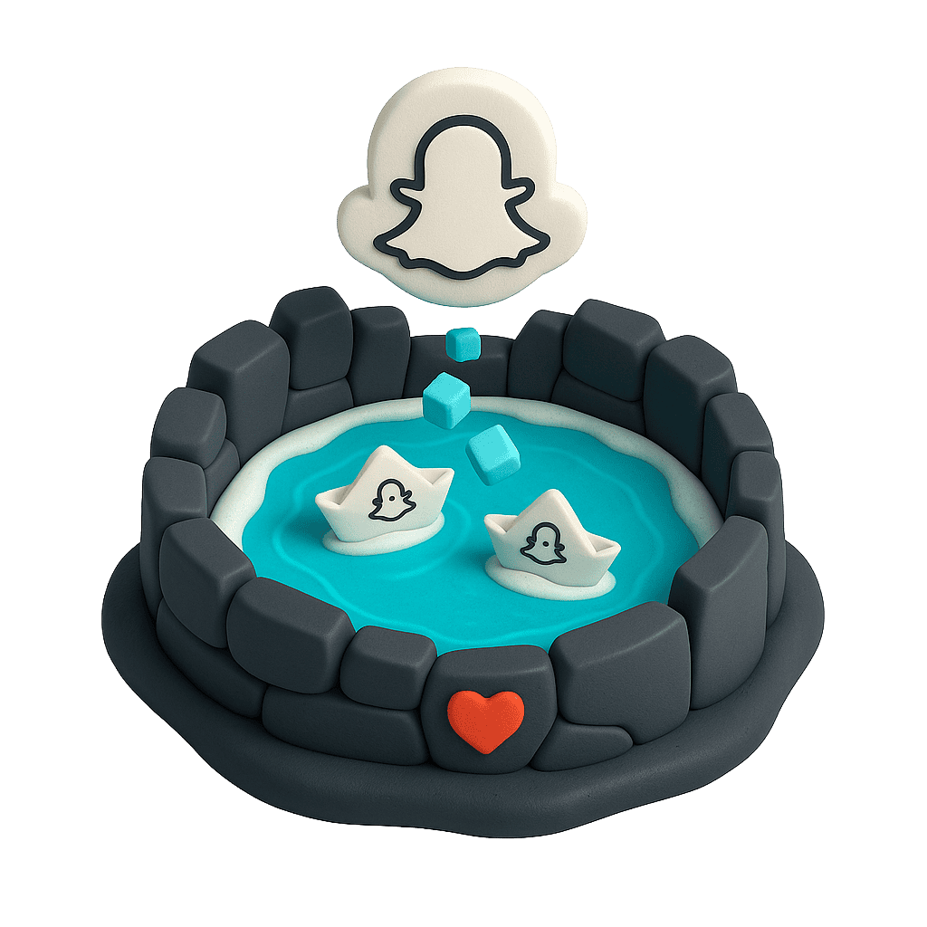 Bright digital illustration of a social media-themed pool with Snapchat symbols and floating boats.