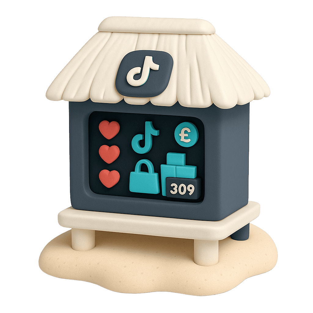 TikTok-themed digital marketing figurine with social media icons and shopping bag.