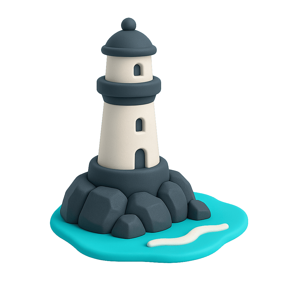 Cartoon lighthouse on rocks with blue water, nautical theme.