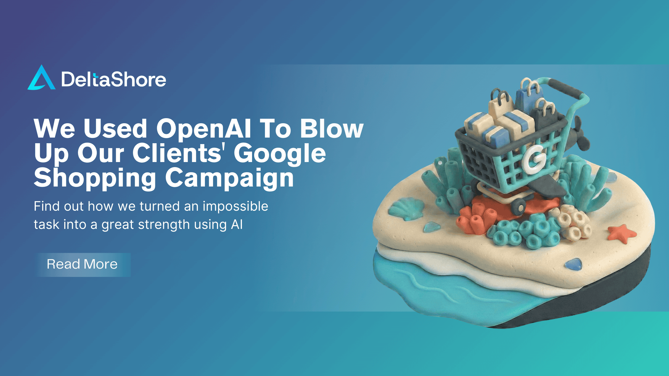 Illustration of a shopping cart with AI elements on a beach scene, representing AI-driven marketing.