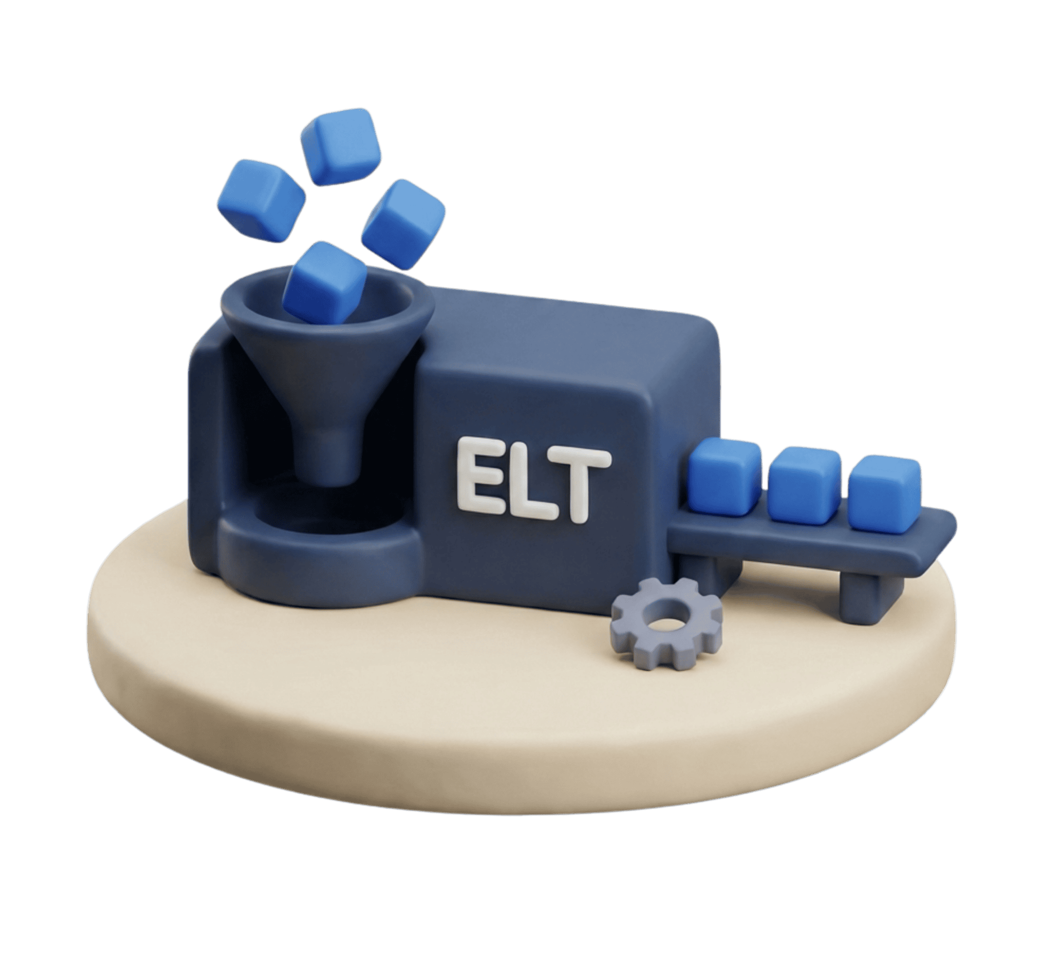 ELT process model with blue cubes and gear for data transformation.