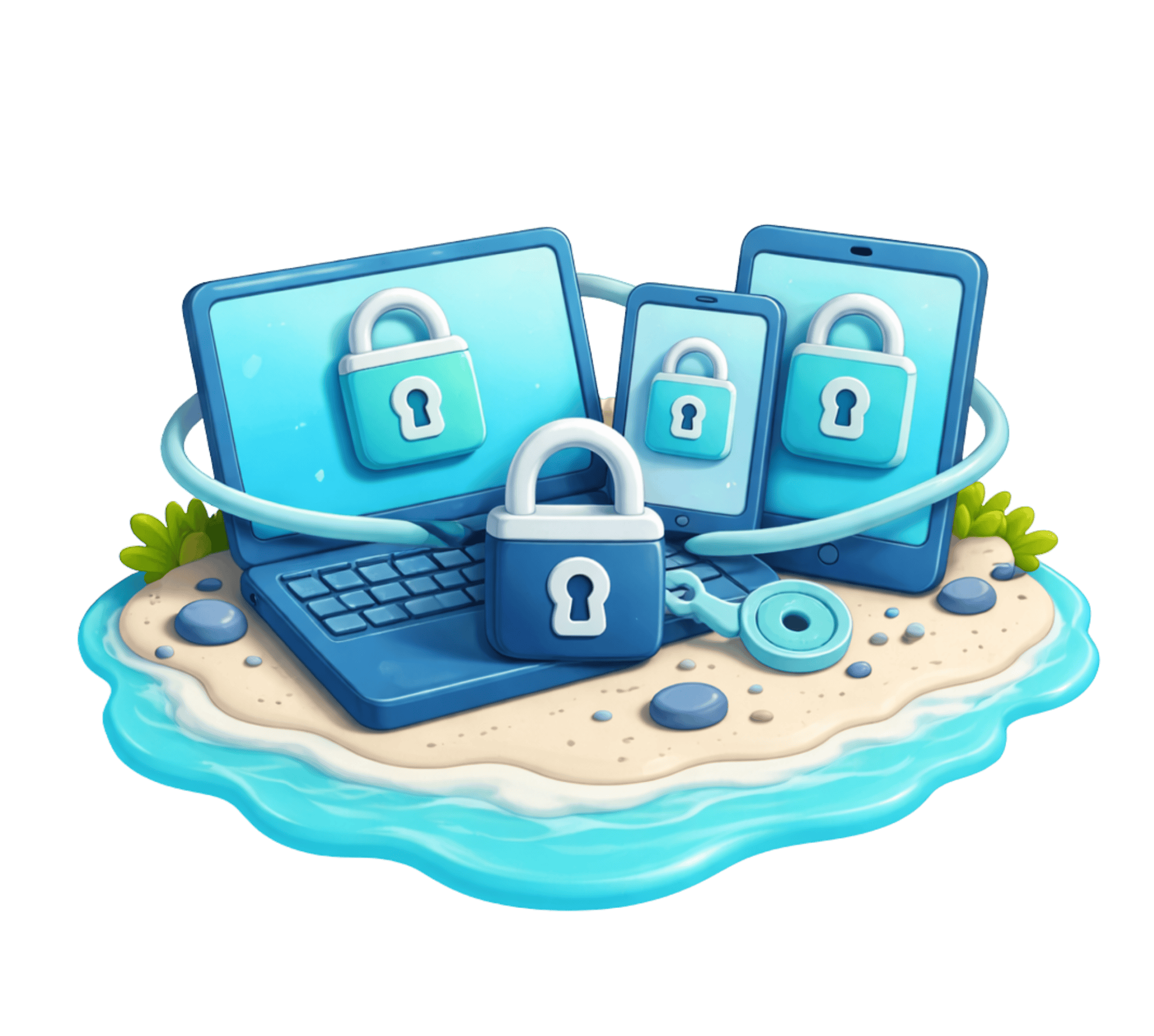 DeltaShore Organics (2) Secure digital devices with padlocks on screens, symbolising cybersecurity and data protection.