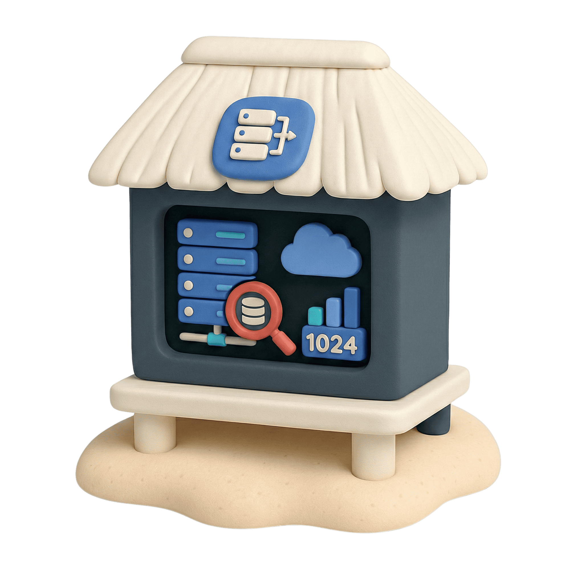 Data storage and cloud computing model figurine with server, cloud, and data analysis icons.