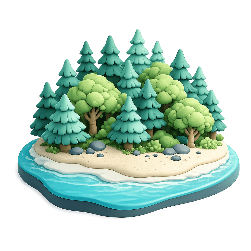A colourful, stylised model of a forested island with trees, rocks, and water.