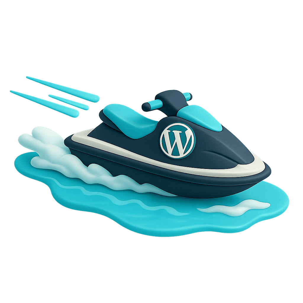 ChatGPT Image Feb 3, 2026, 02_11_02 PM Jet ski with WordPress logo, symbolising fast website development and digital marketing services.