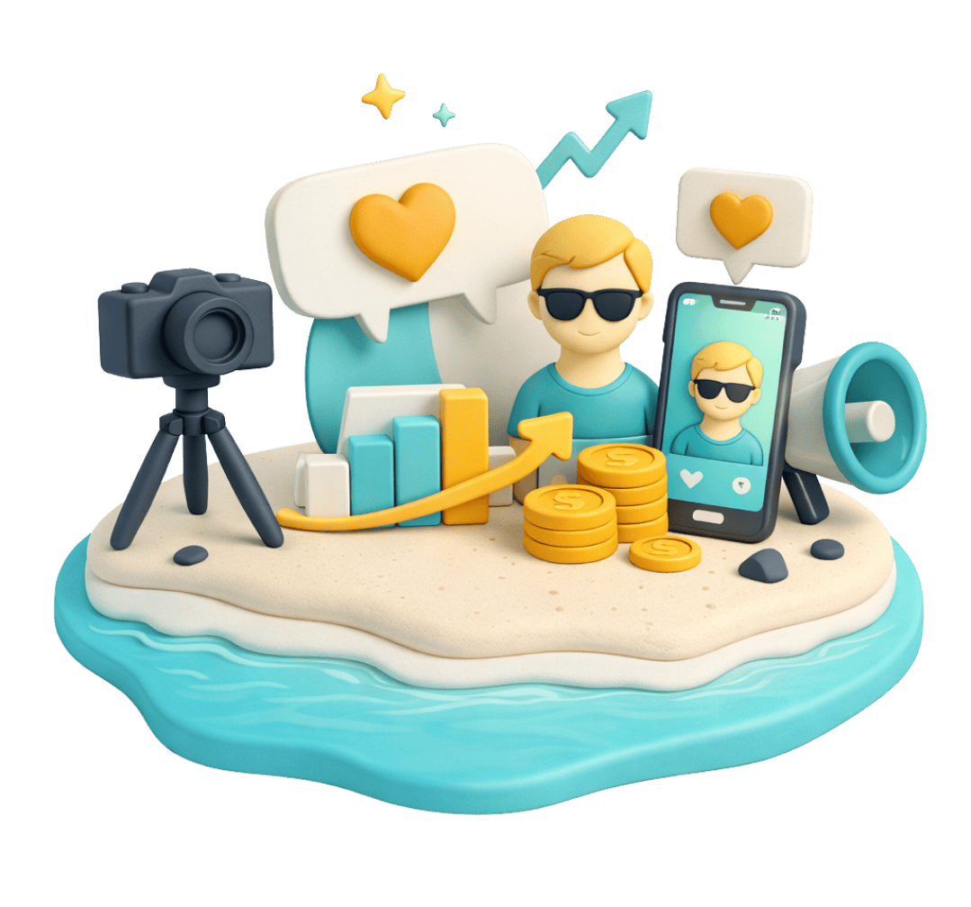 Digital marketing concept with social media icons and growth charts.