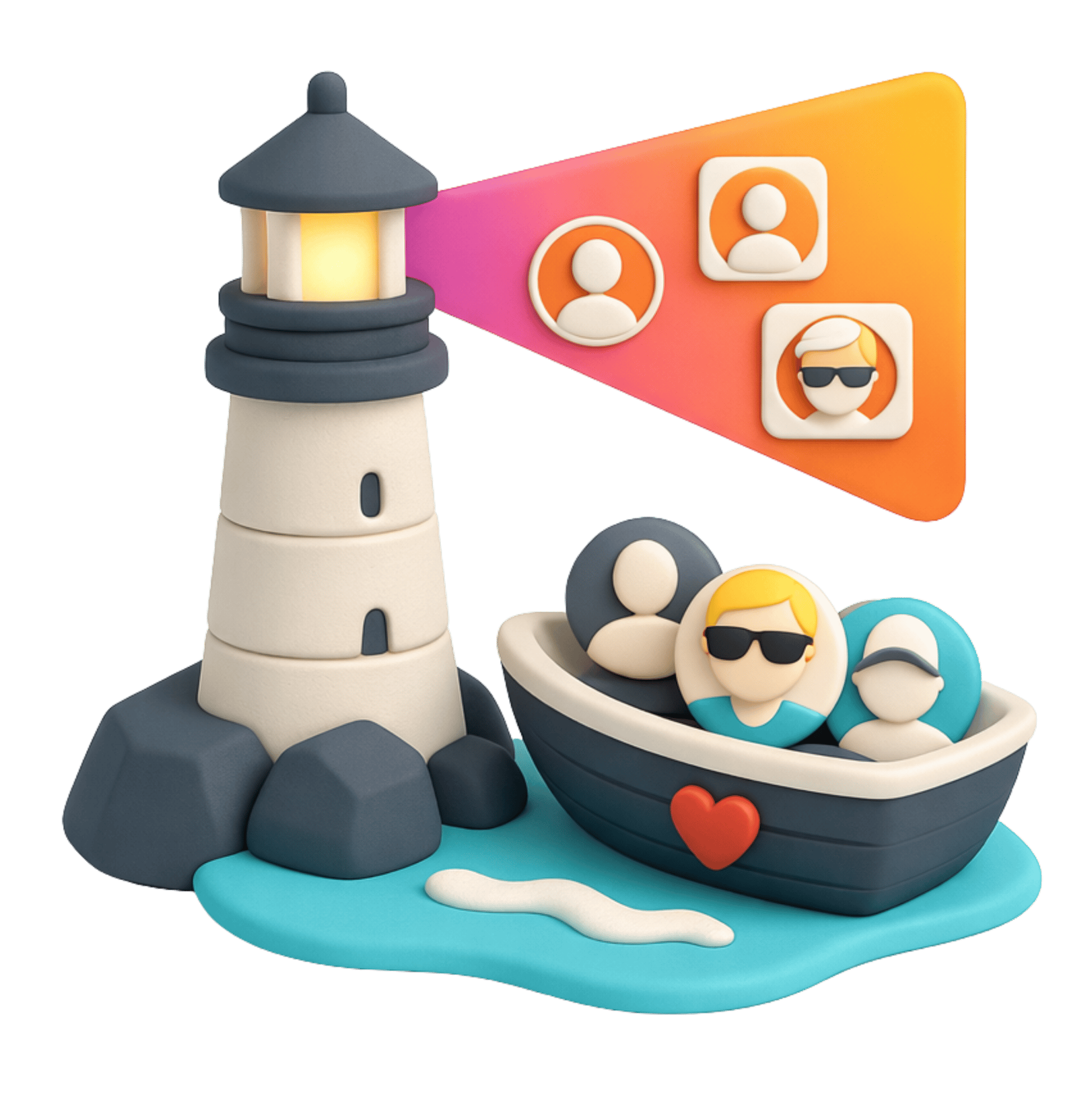 Lighthouse with social media icons and boat, symbolising online communication and connectivity.