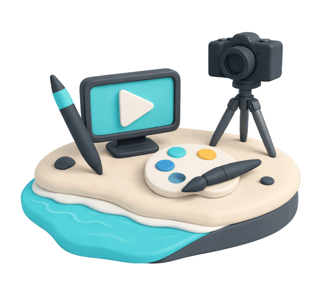 Creative digital media setup on a decorative island cake with camera, tablet, and art tools.